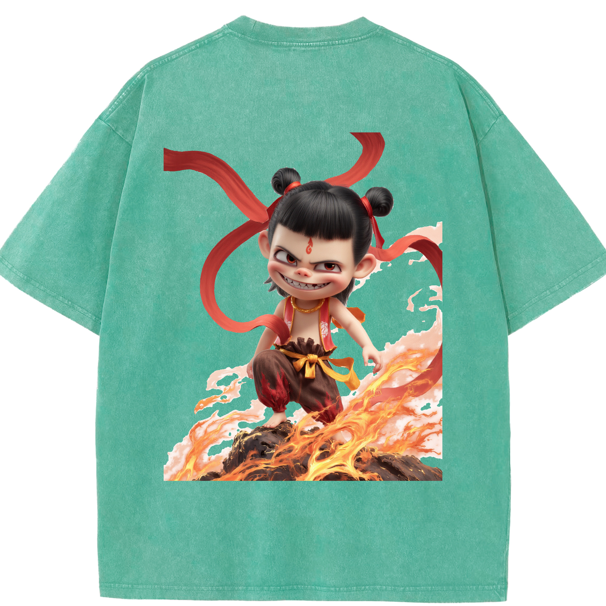 （画像用） Ne Zha 2 ナタ 魔童の大暴れ 綿100% ヴィンテージ風 半袖Tシャツ（背面プリント）